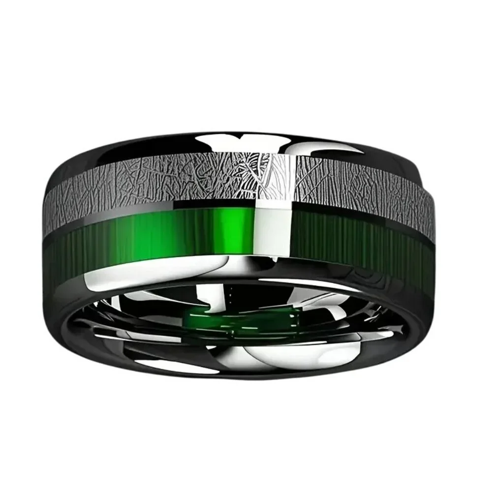 Tungsten Steel Men's Ring 8MM High Polished Green Marble with Meteorite Inlay